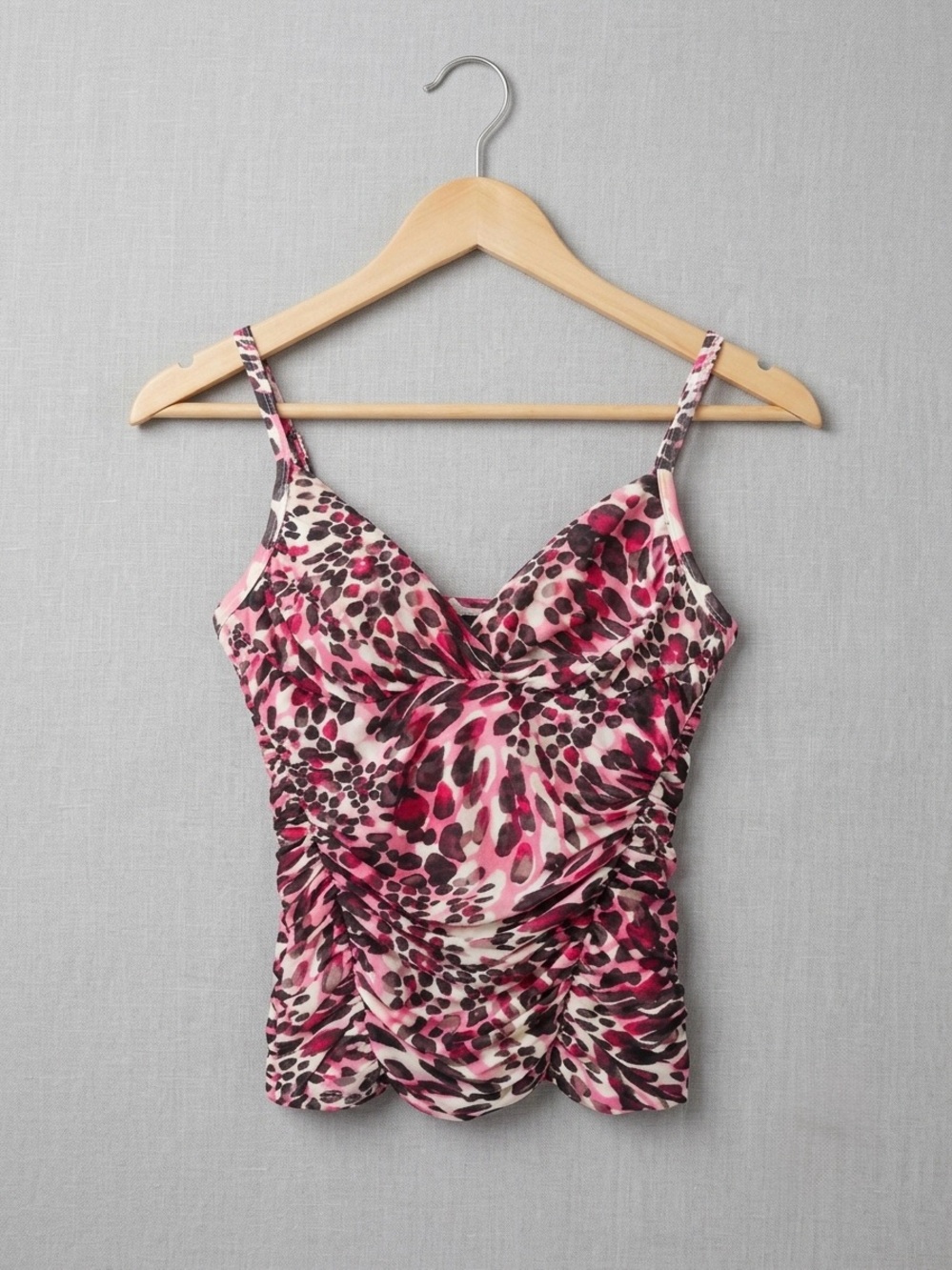 Ruched Pink Animal-Print Tankini Top